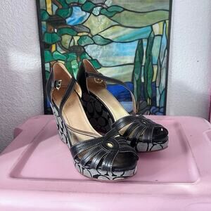 coach brown gold platform heels open toed shoes